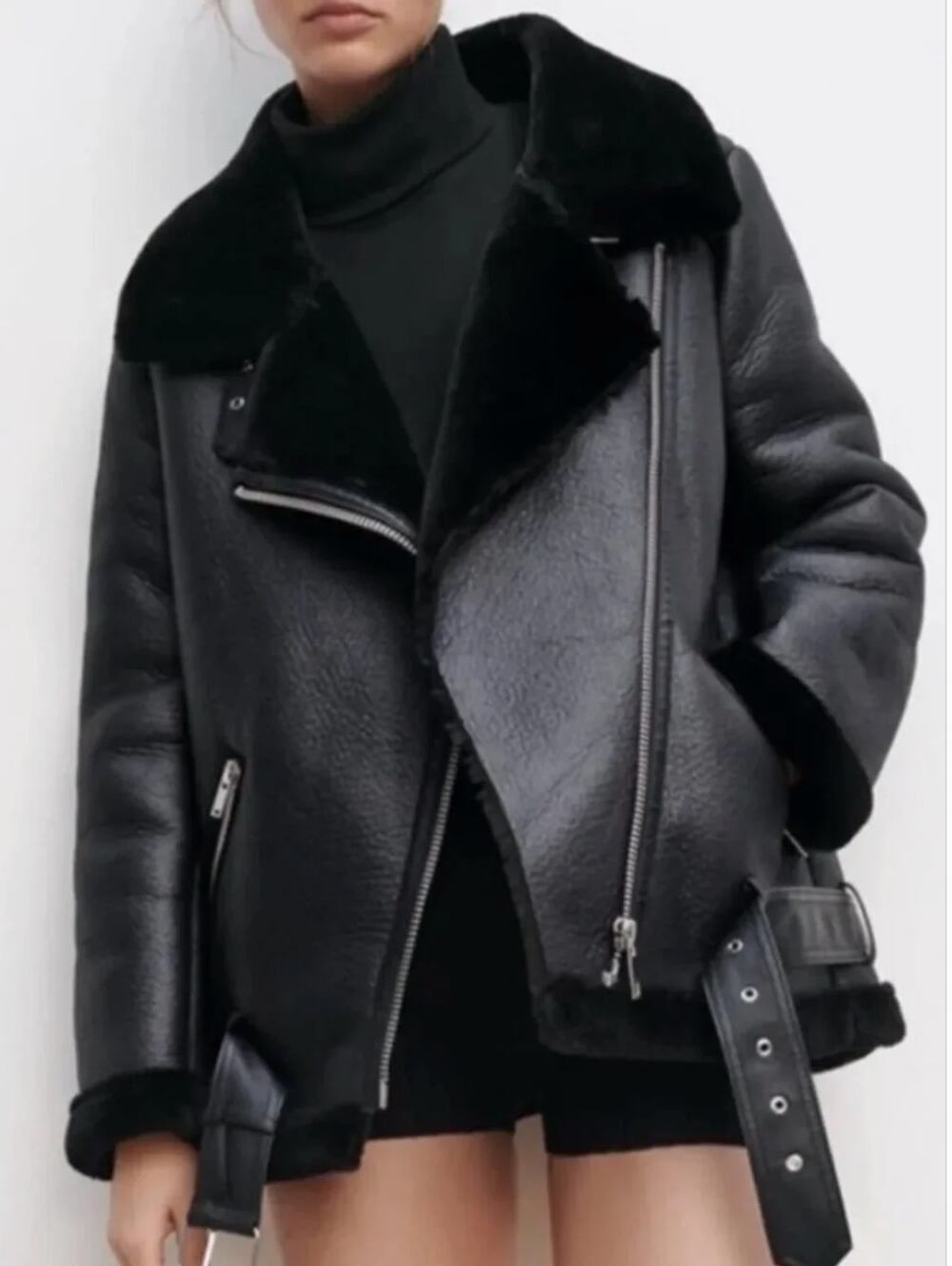 Zara Black Double-Faced Faux Shearling Biker Jacket Size L